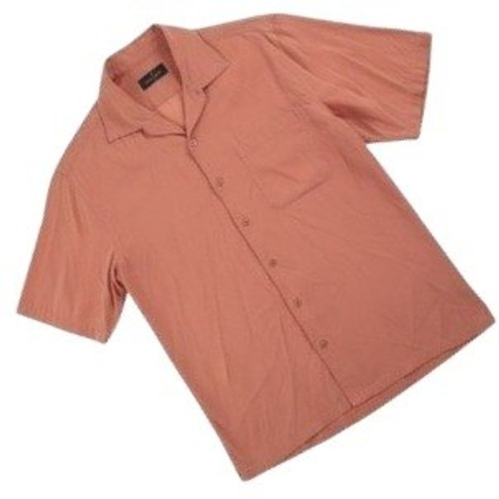 Bugatchi Men M Short Sleeve Shirt Men Salmon Pink Tencel Button Up Pocket Medium - Picture 2 of 14